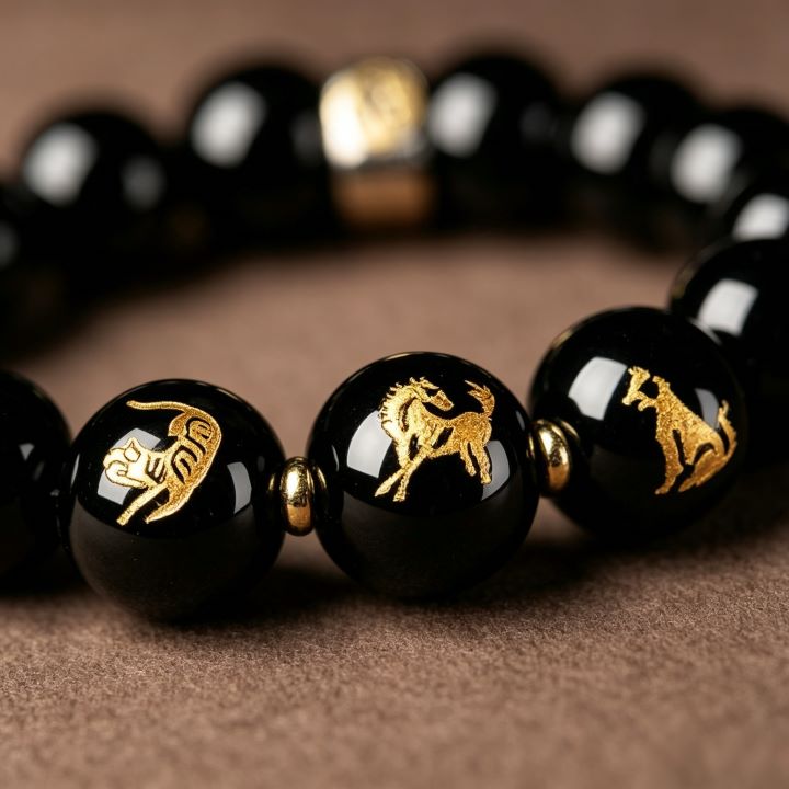Personalized Chinese Zodiac Three Harmony Black Obsidian Bracelet