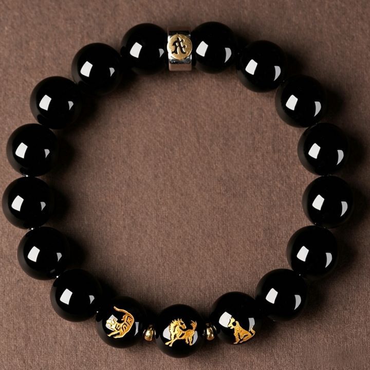 Personalized Chinese Zodiac Three Harmony Black Obsidian Bracelet