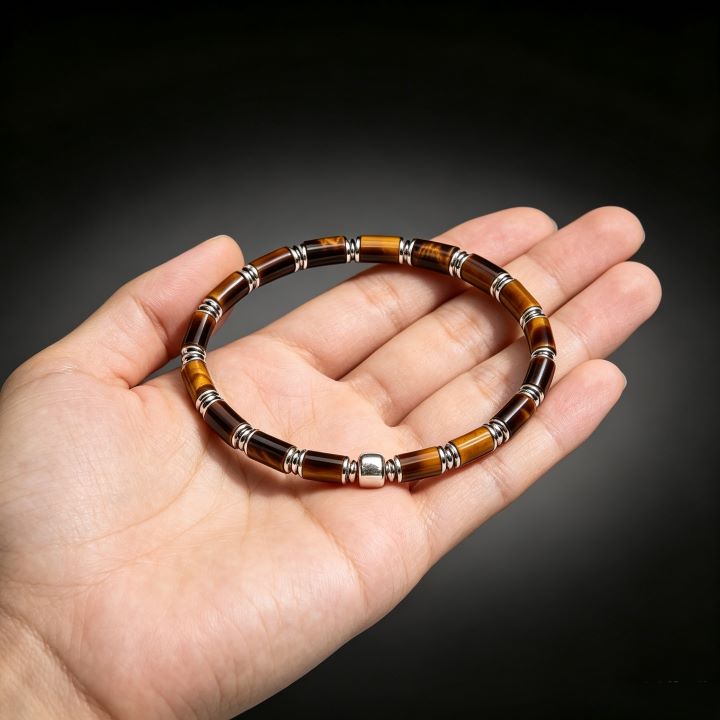 Tiger's Eye Tube Bead Bracelet | Silver Accent Natural Stone Bracelet