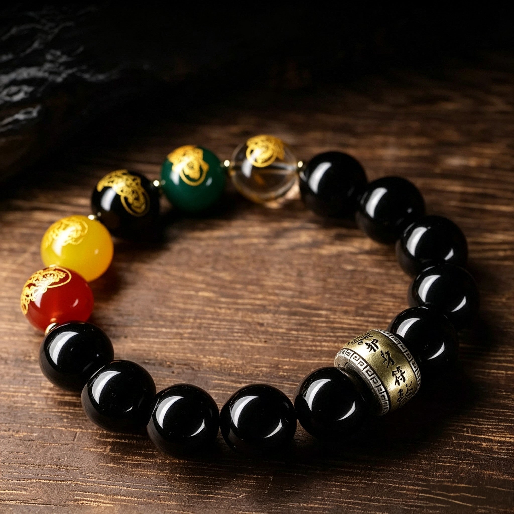 Black Obsidian Five Elements Bracelet –  Chinese-Inspired Design with Natural Stone