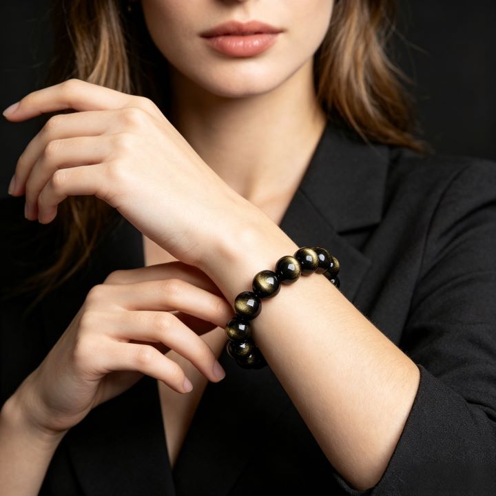 Golden Obsidian Bracelet | Natural Black Gold Stone Jewelry