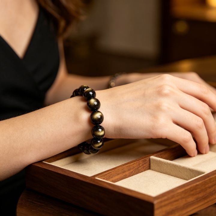 Golden Obsidian Bracelet | Natural Black Gold Stone Jewelry