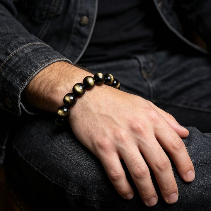 Golden Obsidian Bracelet | Natural Black Gold Stone Jewelry