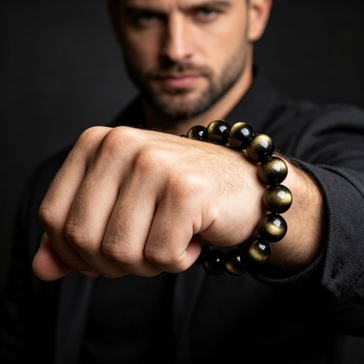 Golden Obsidian Bracelet | Natural Black Gold Stone Jewelry