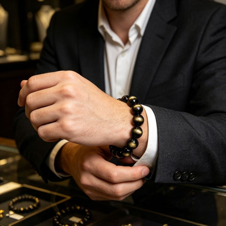 Golden Obsidian Bracelet | Natural Black Gold Stone Jewelry