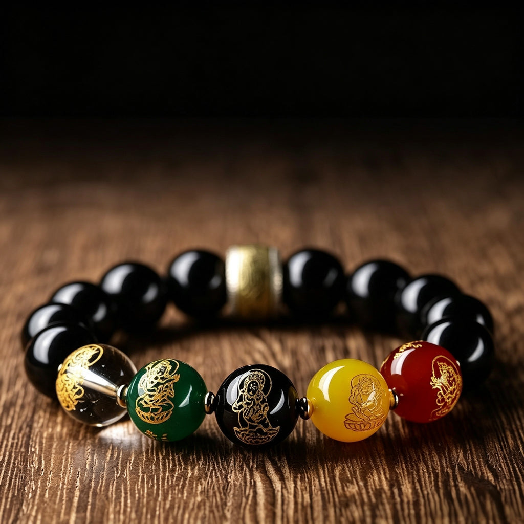 Black Obsidian Five Elements Bracelet –  Chinese-Inspired Design with Natural Stone