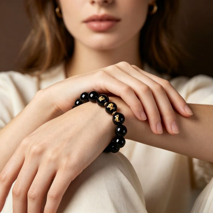 Personalized Chinese Zodiac Three Harmony Black Obsidian Bracelet