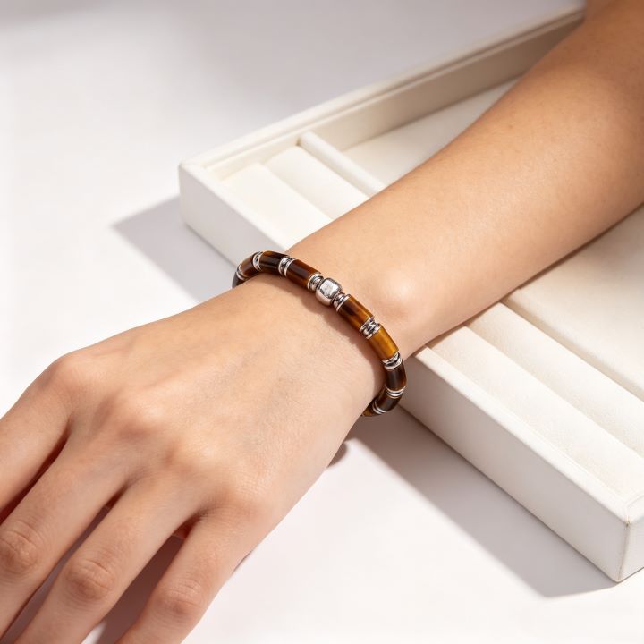 Tiger's Eye Tube Bead Bracelet | Silver Accent Natural Stone Bracelet
