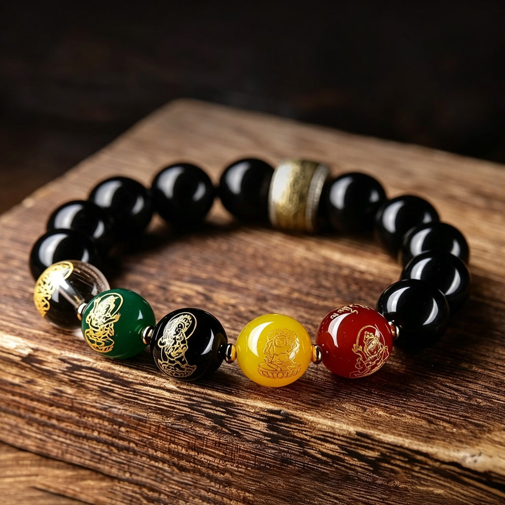 Black Obsidian Five Elements Bracelet –  Chinese-Inspired Design with Natural Stone