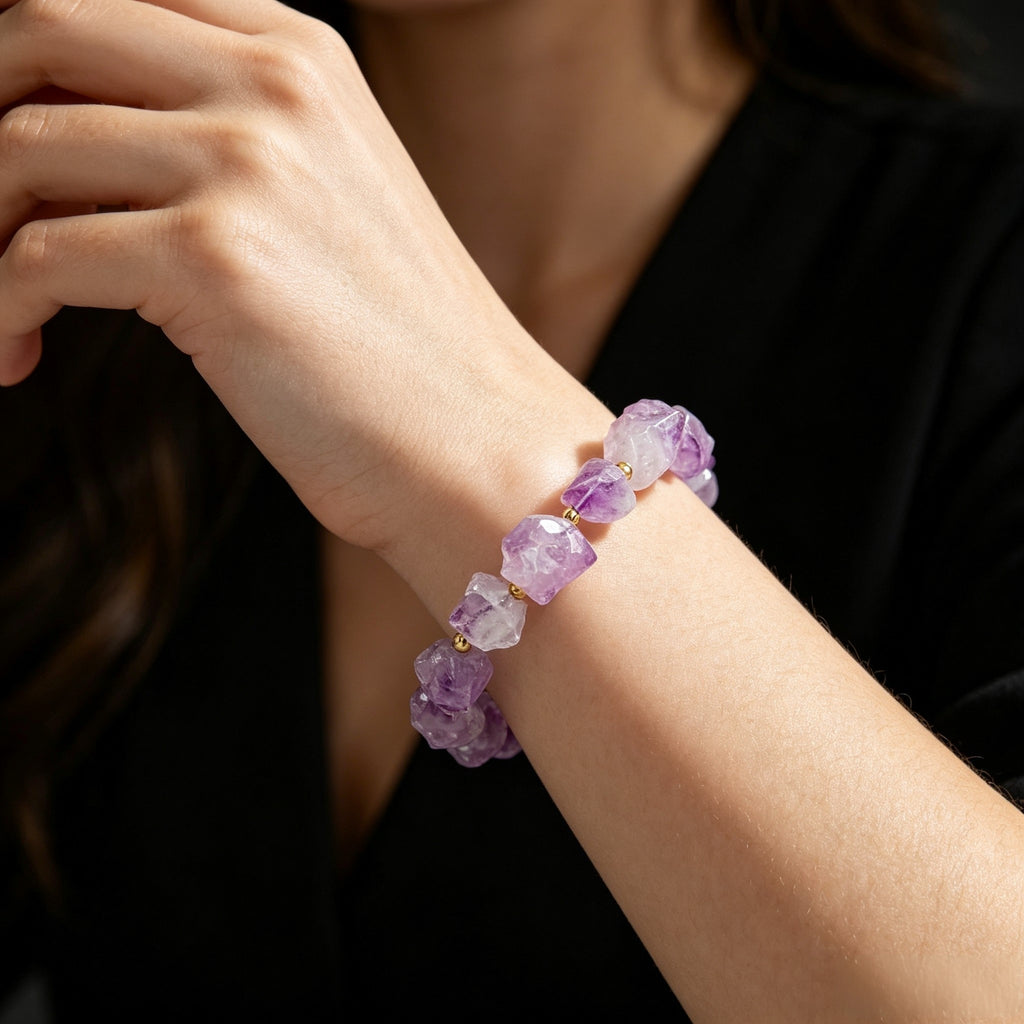 Amethyst Raw Stone Bracelet – Natural Purple Crystal Beaded Bracelet