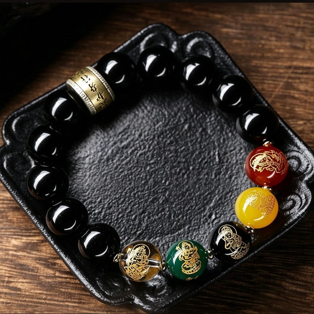 Black Obsidian Five Elements Bracelet –  Chinese-Inspired Design with Natural Stone