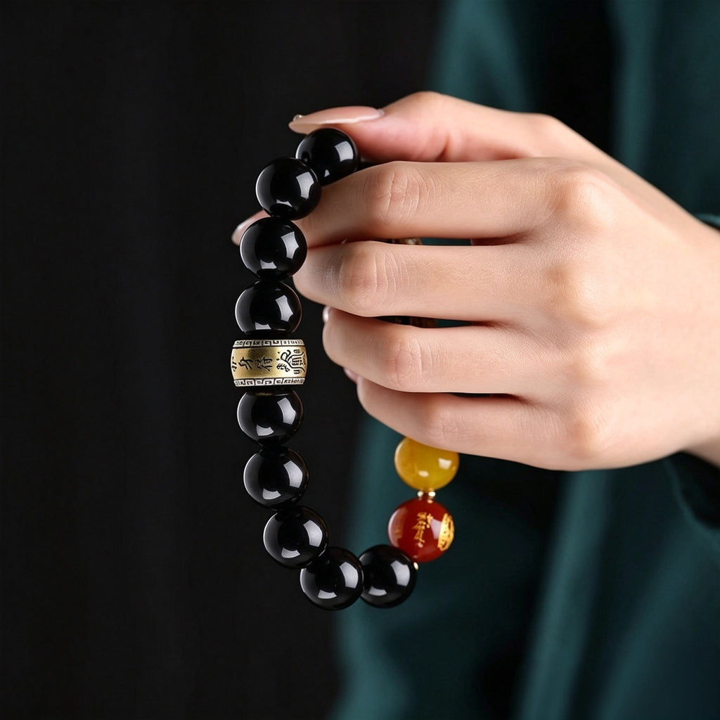Black Obsidian Five Elements Bracelet –  Chinese-Inspired Design with Natural Stone