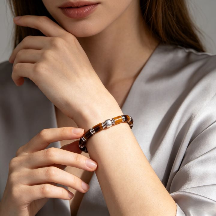 Tiger's Eye Tube Bead Bracelet | Silver Accent Natural Stone Bracelet