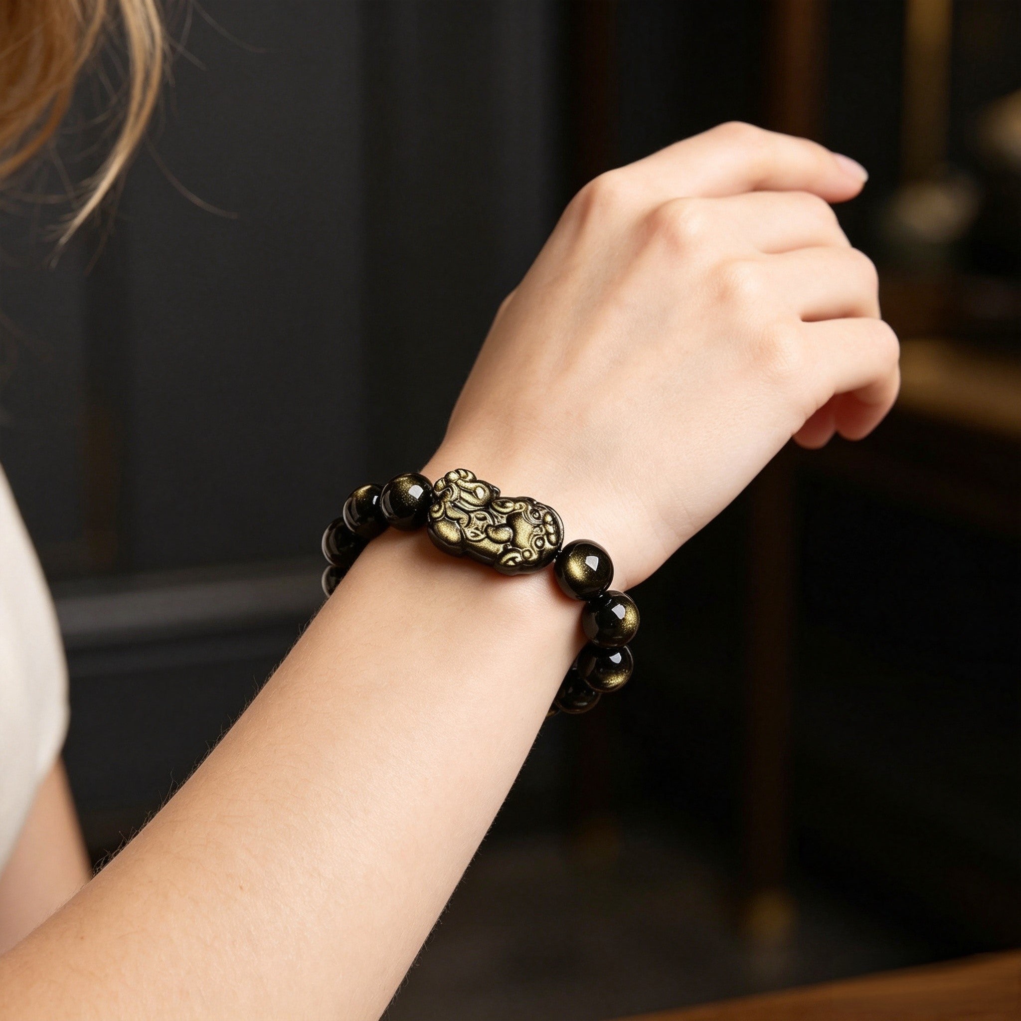 Gold Obsidian Pixiu Bracelet – Traditional Chinese Inspired Jewelry with Natural Stone