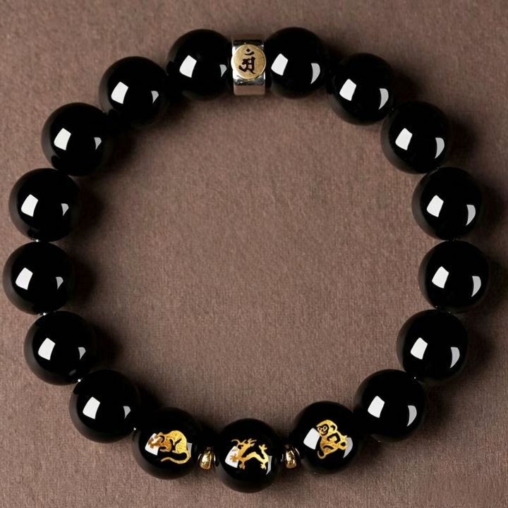 Personalized Chinese Zodiac Three Harmony Black Obsidian Bracelet