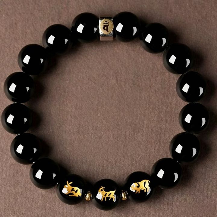 Personalized Chinese Zodiac Three Harmony Black Obsidian Bracelet