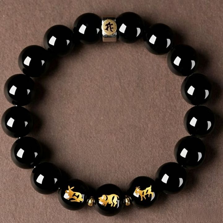 Personalized Chinese Zodiac Three Harmony Black Obsidian Bracelet