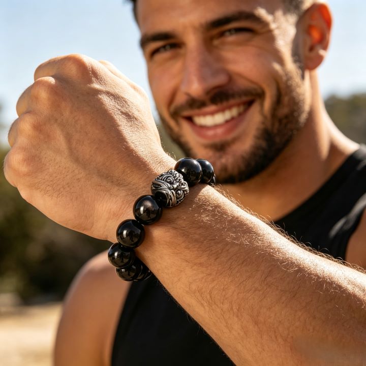 Black Obsidian & Silver Obsidian Lion Dance Bracelet | Chinese Culture Jewelry
