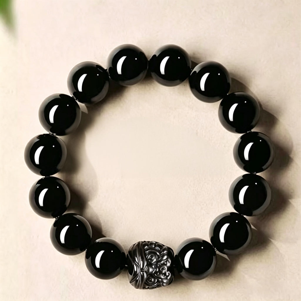 Black Obsidian & Silver Obsidian Lion Dance Bracelet | Chinese Culture Jewelry