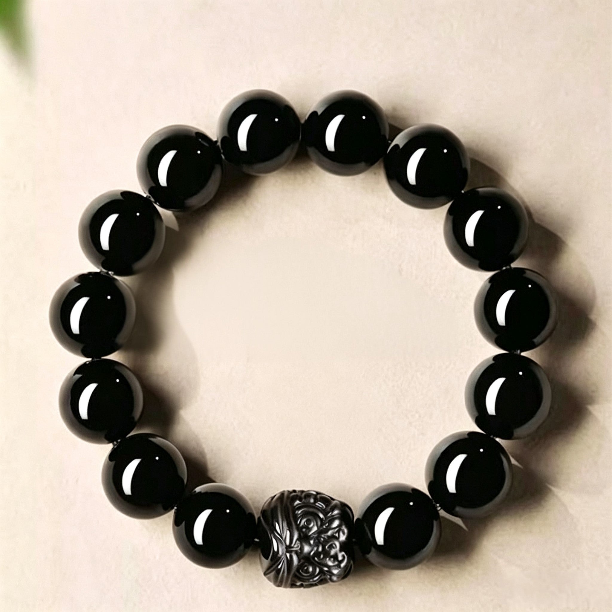 Black Obsidian & Silver Obsidian Lion Dance Bracelet | Chinese Culture Jewelry