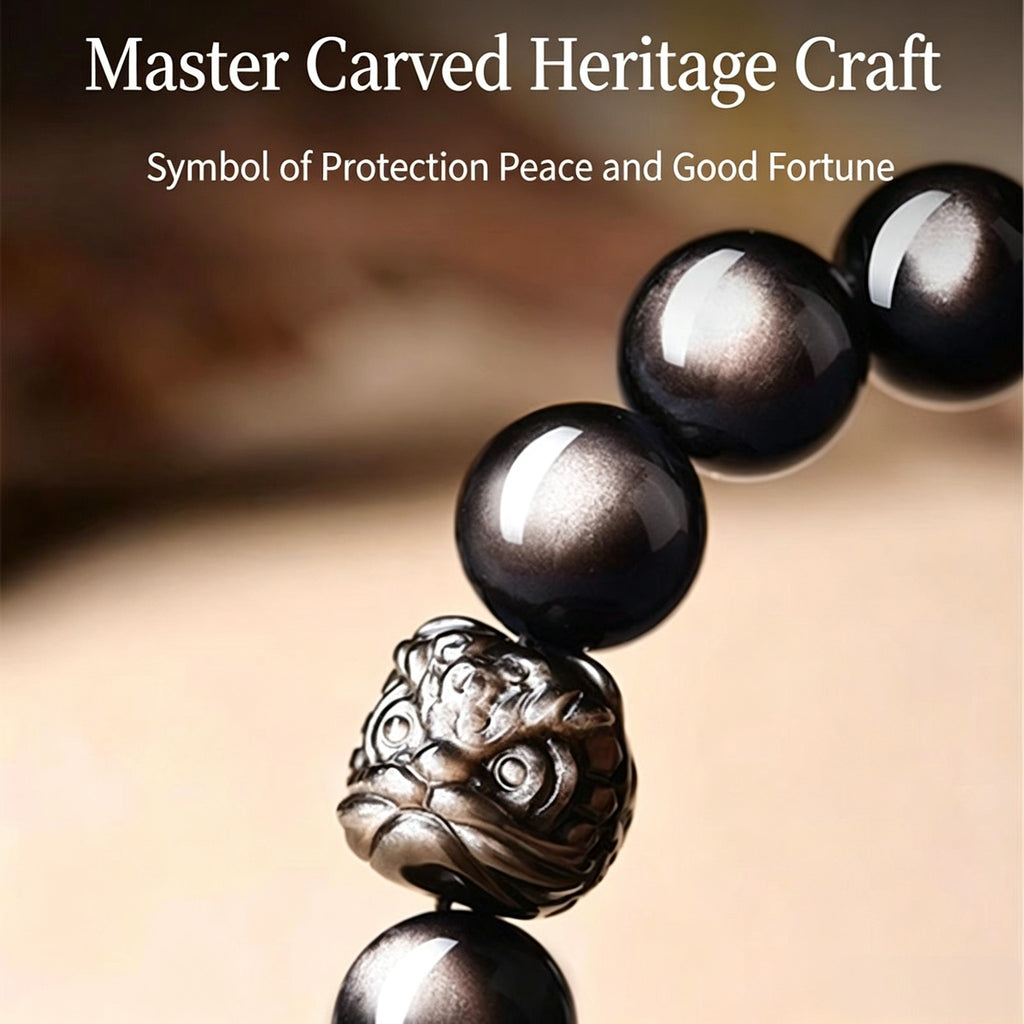 Black Obsidian & Silver Obsidian Lion Dance Bracelet | Chinese Culture Jewelry