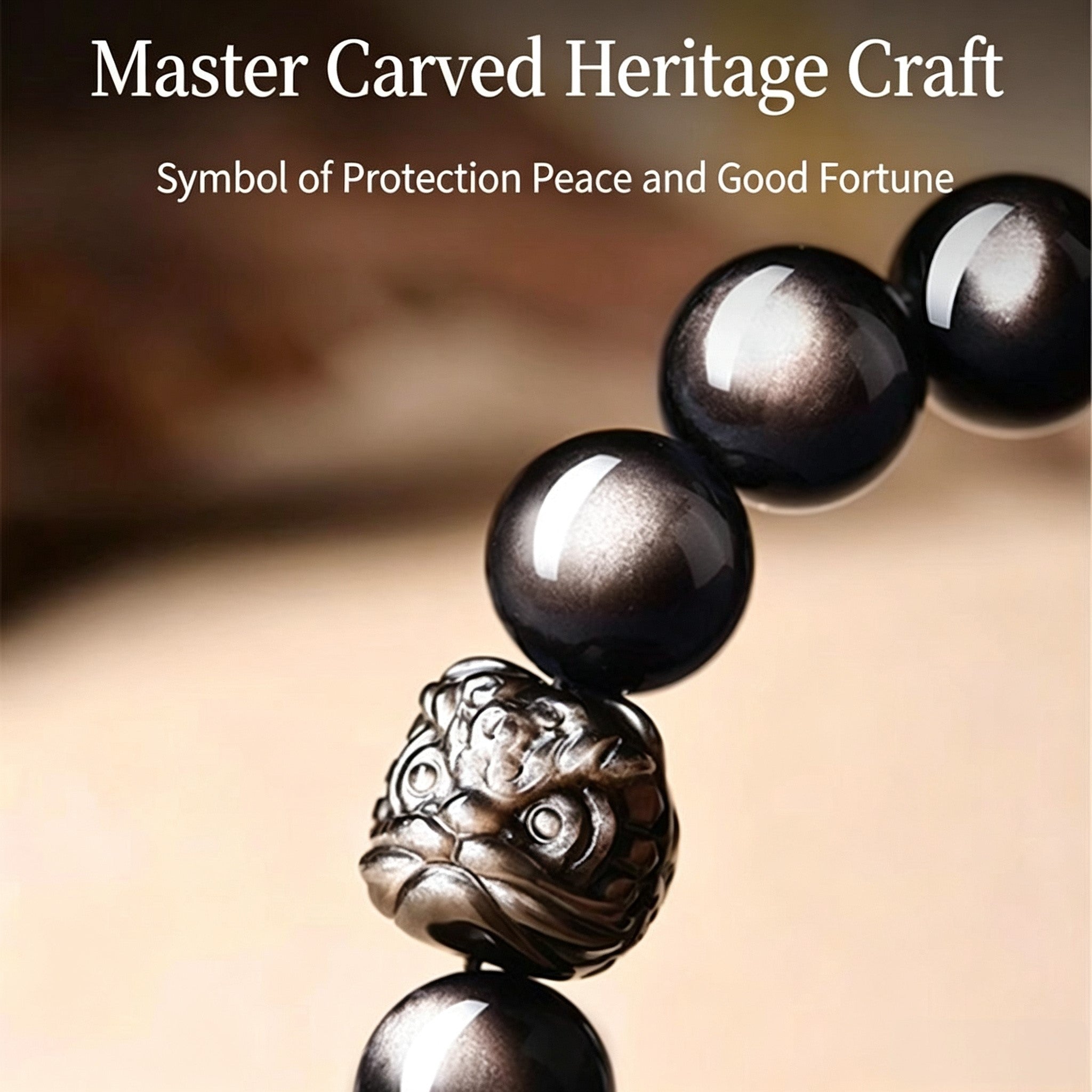 Black Obsidian & Silver Obsidian Lion Dance Bracelet | Chinese Culture Jewelry