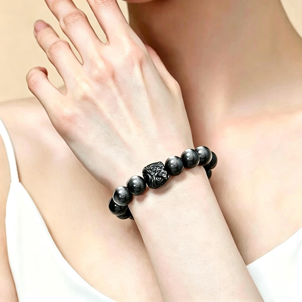 Black Obsidian & Silver Obsidian Lion Dance Bracelet | Chinese Culture Jewelry