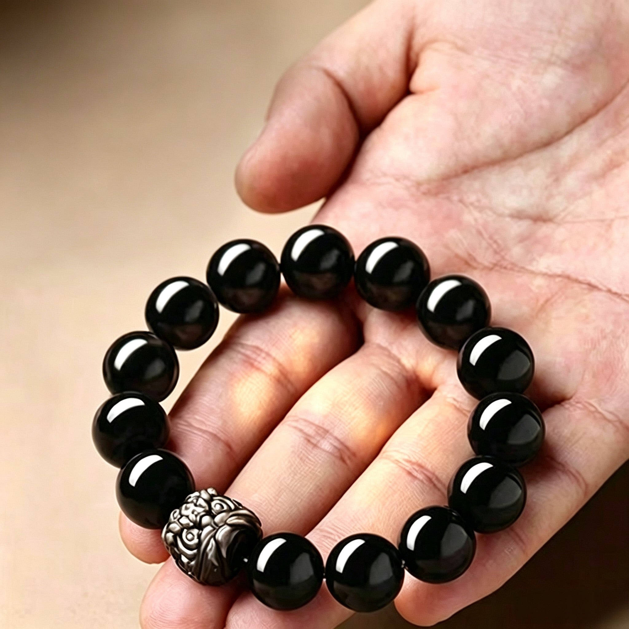 Black Obsidian & Silver Obsidian Lion Dance Bracelet | Chinese Culture Jewelry