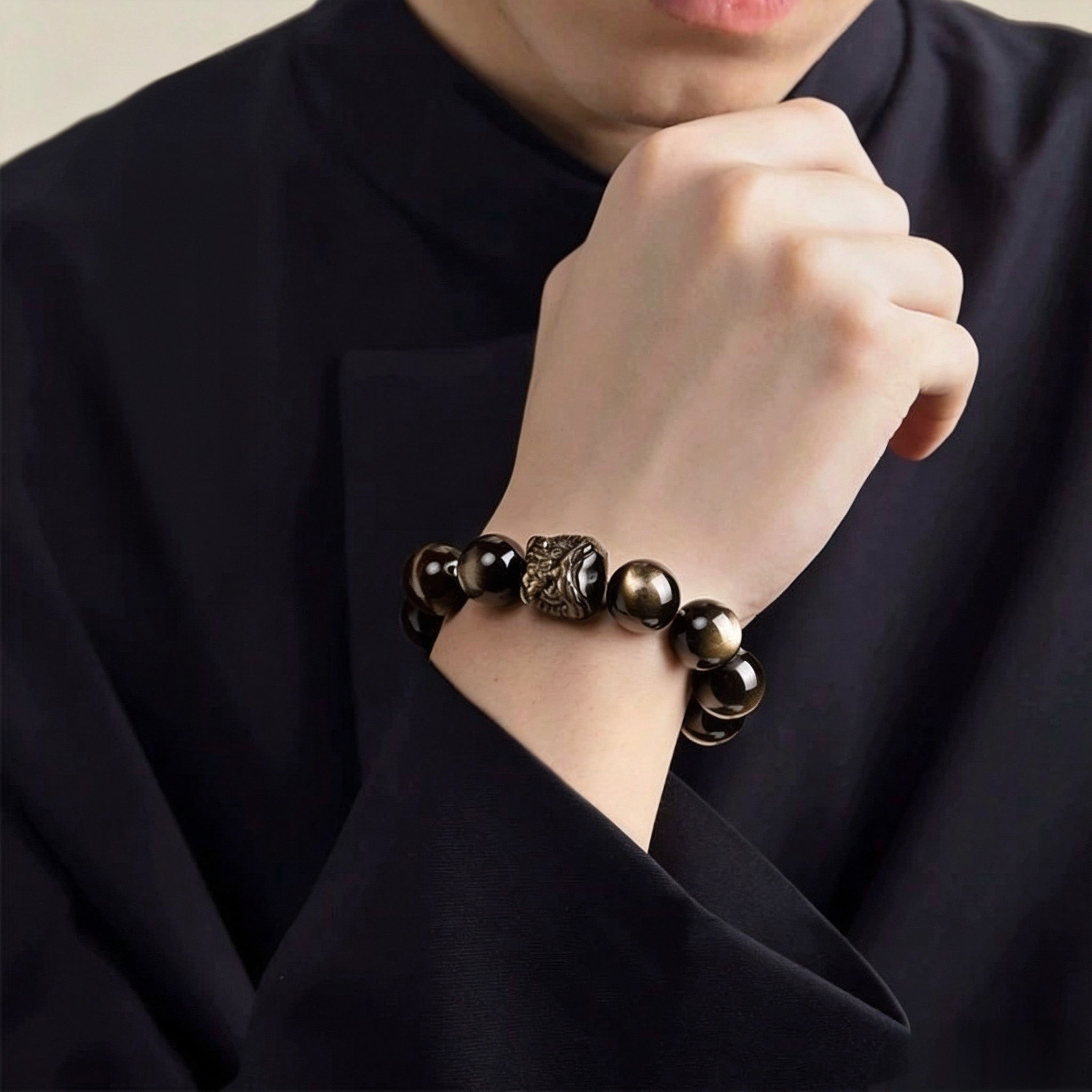 Black Obsidian & Silver Obsidian Lion Dance Bracelet | Chinese Culture Jewelry