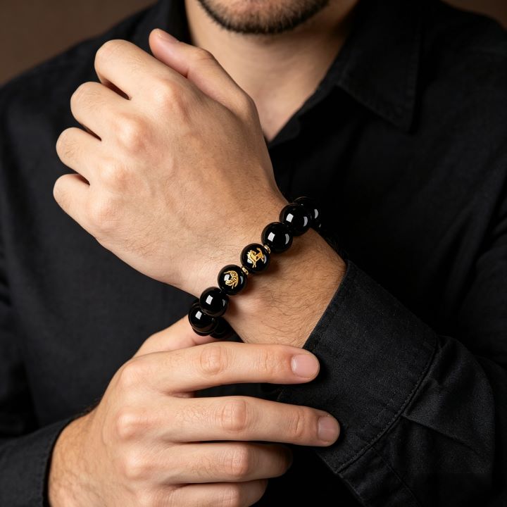 Personalized Chinese Zodiac Three Harmony Black Obsidian Bracelet