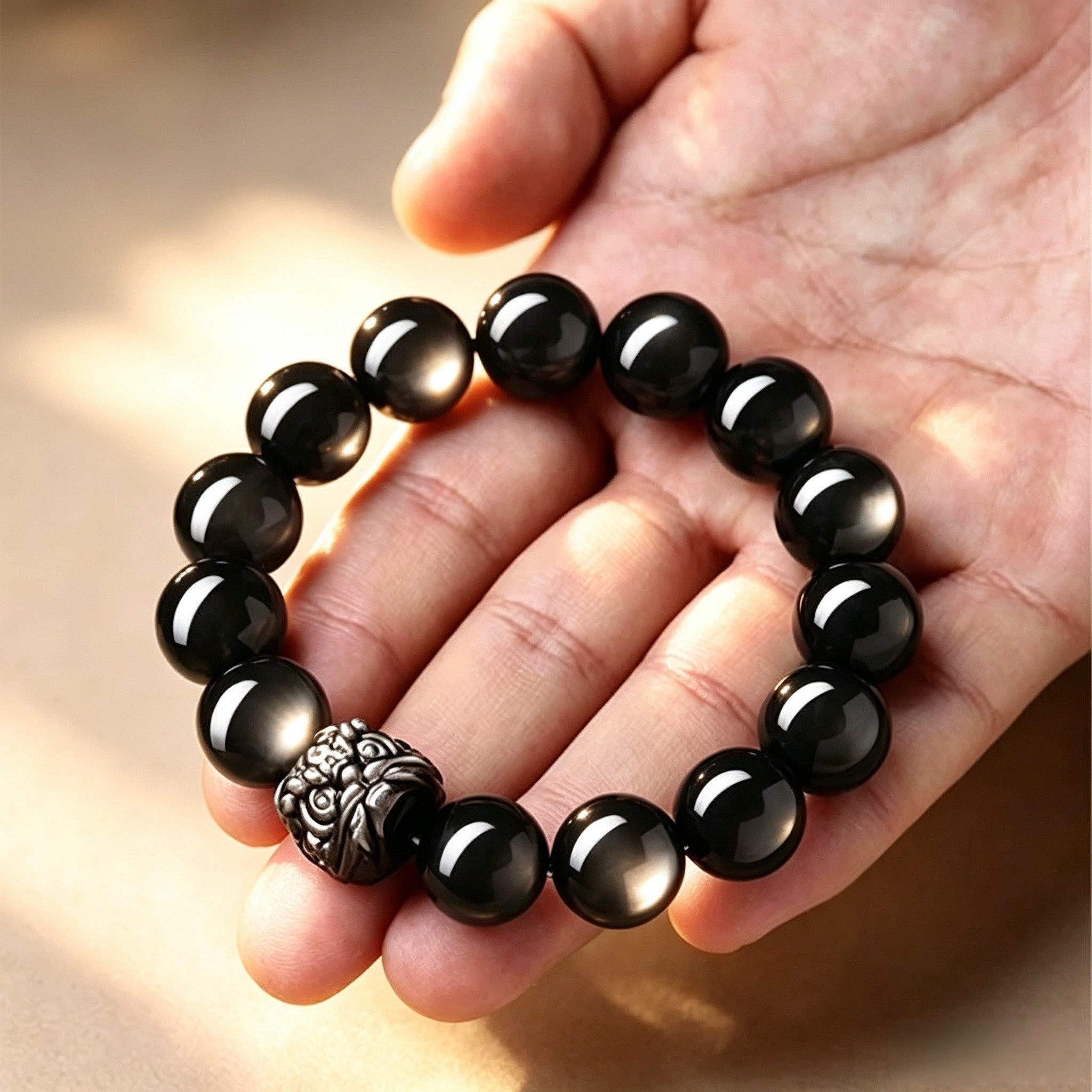 Black Obsidian & Silver Obsidian Lion Dance Bracelet | Chinese Culture Jewelry