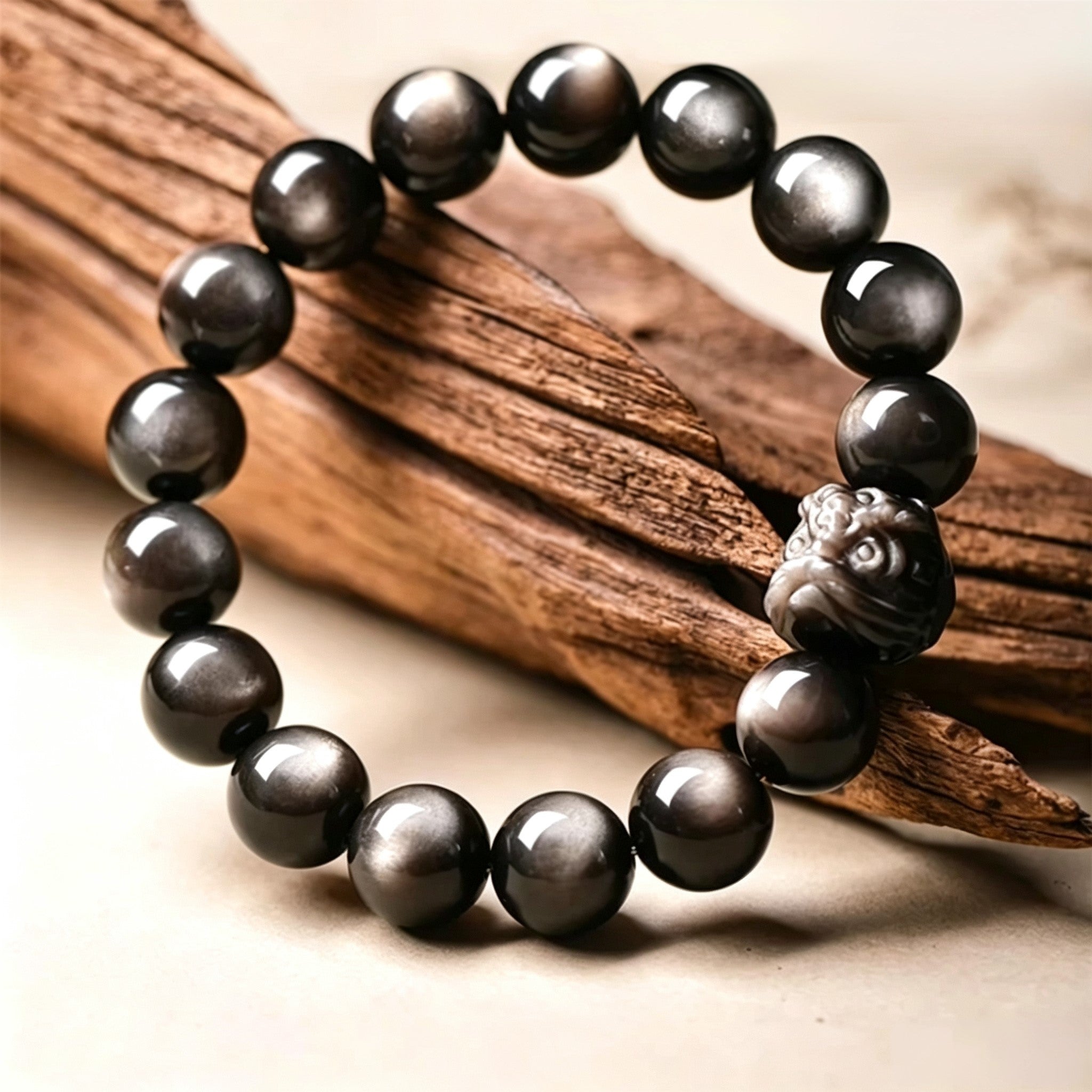 Black Obsidian & Silver Obsidian Lion Dance Bracelet | Chinese Culture Jewelry