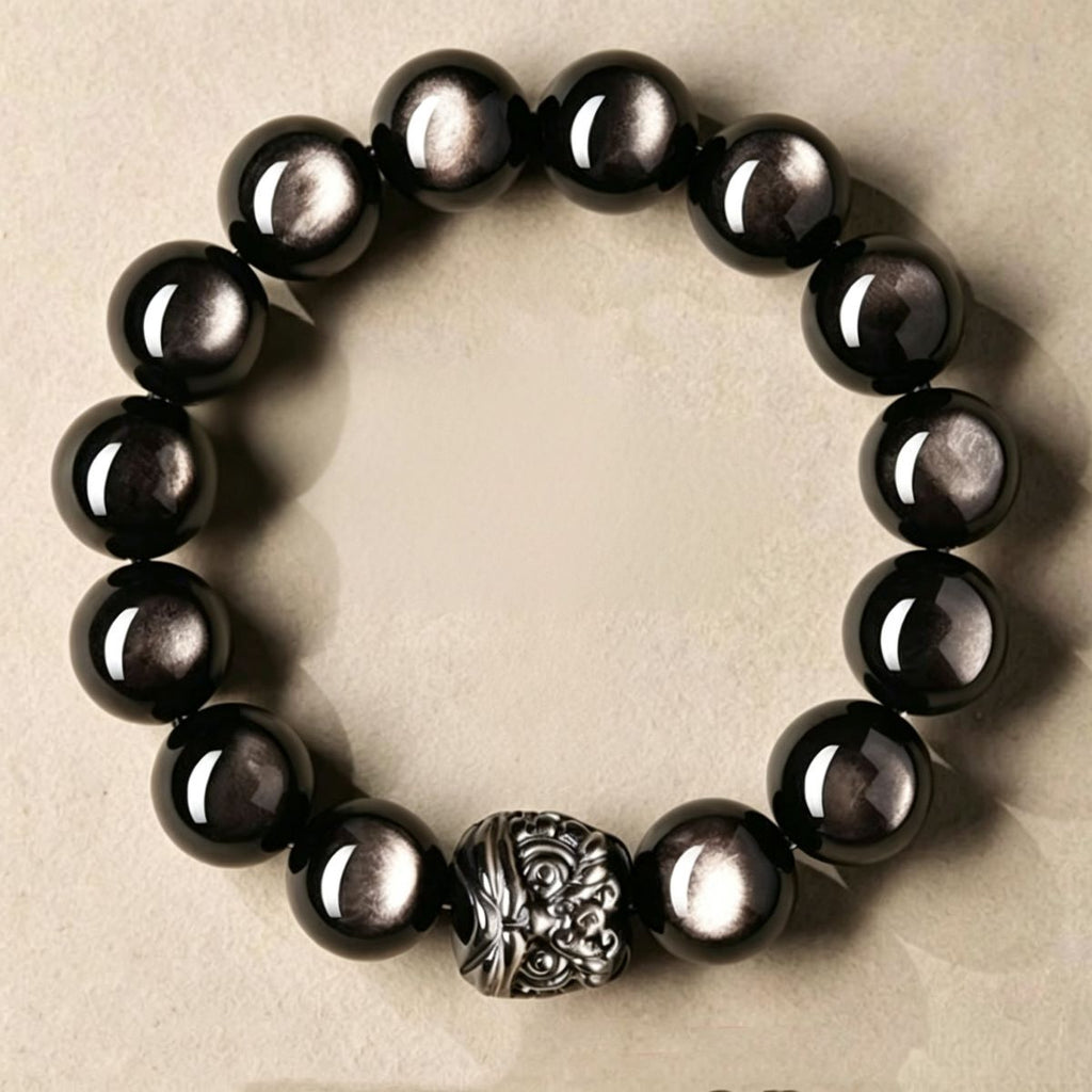 Black Obsidian & Silver Obsidian Lion Dance Bracelet | Chinese Culture Jewelry