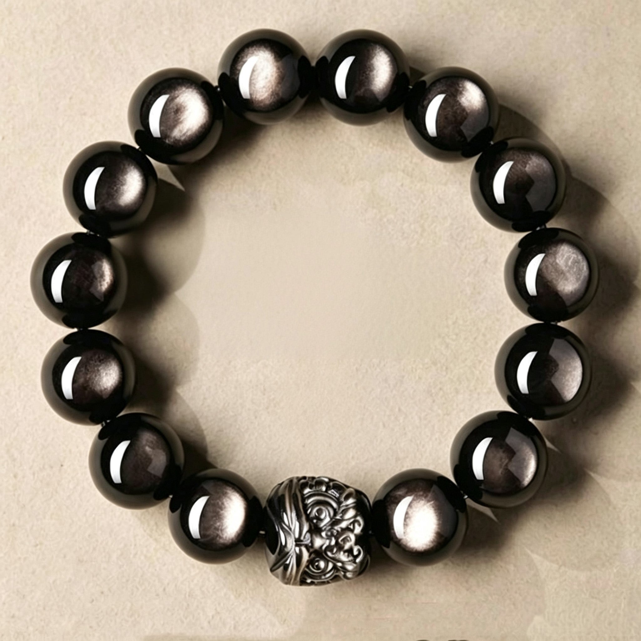 Black Obsidian & Silver Obsidian Lion Dance Bracelet | Chinese Culture Jewelry