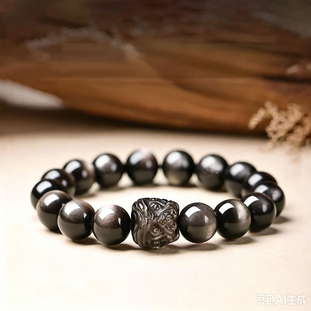 Black Obsidian & Silver Obsidian Lion Dance Bracelet | Chinese Culture Jewelry